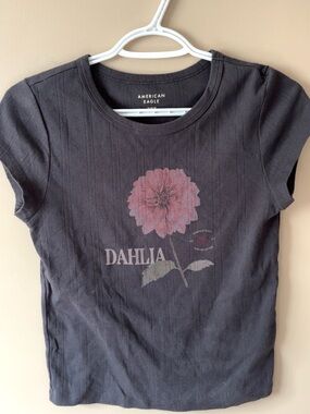 American Eagle Charcoal Ribbed Crewneck Tee with Pink Accent